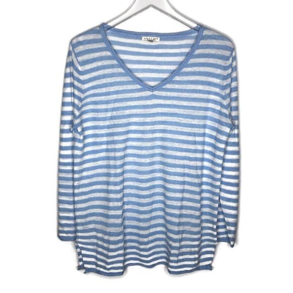 Avalin Blue and White V Neck Sweater Linen Blend M - Picture 1 of 7